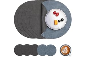Myir JUN Skórzane podkładki i podkładki, zestaw 4 szt., okrągłe wodoodporne dwustronne maty kuchenne, maty do kawy, odporne na wysokie temperatury, antypoślizgowe, zmywalne, zestaw 6 szt., szare,