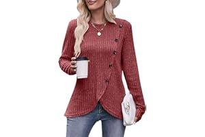 Jabeiyou Haut Femme Col Rond Automne Hiver Chic et Elegant Chaud Brossé Manche Longue Pull Casual Long Chemise Bouton Décoratif Tee Shirt Basique Top Taille S-XXL