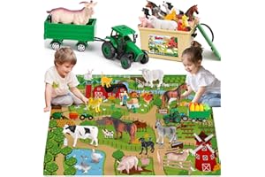 KNASON Fattoria Animali Bambini con 120x80cm Tappeto,38 Pezzi Animali Giocattolo con Giganti Animali Figure,Trattore Giocattolo e Fattoria Attrezzi,Educativo Animali Fattoria per Bambini 3 4 5 Anni