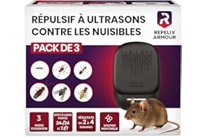 REPELIX ARMOUR Répulsif à ultrasons contre les nuisibles pour intérieur – Pack de 3 – Couvre 140m² par appareil – 3 modes – Repousse souris, rats, araignées, moustiques, fourmis, insectes & mouches, PR-025 (Noir)