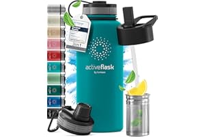 ‎BEMAXX Butelka do picia ze stali nierdzewnej ACTIVE FLASK + słomka (3 pokrywki) wolna od BPA, szczelna, odpowiednia na dwutlenek węgla - butelka na wodę termos rowerowy izolowana izolowana butelka sportowa