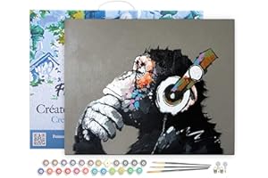 Figured'Art Dipingere con i Numeri con Telaio - Paint by Numbers Scimmia Che Indossa Le Cuffie, Passatempo per Adulti, Kit Completo, Hobby Creativi - Quadri fai da te 40x50cm Tela Già Incorniciata