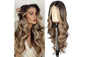 SOMIARIK 13x4 Honey Brown with Roots Lace Front Wig Brown Highlight Blonde with Dark Roots Synthetic Wigs for Women Pre plucked with Baby Hair Heat Resistant Hair Cosplay Daily Party 26 Inch