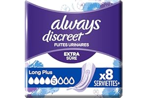 Always Discreet, 8 Serviettes Hygiéniques Incontinence Femme, Long plus 5 Gouttes, Protection Absorbante pour Fuites Urinaires Importantes - lot de 2