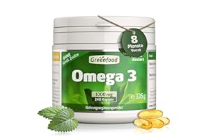 ‎GREENFOOD Omega 3 Fischöl, 1000 mg, extra hochdosiert, 240 Softgels - reich an EPA/DHA. Gut für Herz (EPA/DHA), Sehkraft (DHA), und Gehirnfunktion (DHA). OHNE künstliche Zusätze. Softgel-Kapseln.