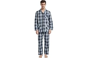 Amaxer Męska dwuczęściowa piżama, bawełniana, zestaw bielizny nocnej, strój domowy, długi rękaw, górna część z kieszeniami, spodnie piżamowe ze ściągaczem