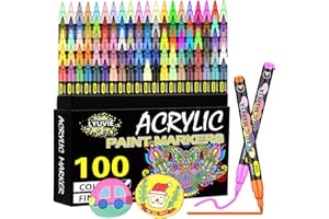 Lyuvie Feutre Acrylique, 100 Couleur Marqueur Peinture Acrylique pour Textile Verre Galets Métal Tissu Bois Céramique, Permanent Stylo Peinture Acrylique avec Pointe Extra Fine de 0,7 mm
