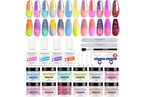 Wakaniya Kit de démarrage de poudre de trempage 12 couleurs d'été changeantes de couleur avec Base Liquide, Activateur, économiseur de pinceaux, outil de manucure pour débutants à la maison