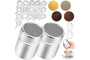 Weigudoc 2 dispensadores de coctelera de Cacao en Polvo con 16 moldes de Capuchino, Plantilla de coctelera de Capuchino de Acero Inoxidable para decoración de café, Galletas, Pasteles, Magdalenas