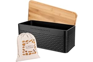 Royouzi Chlebak z deską do krojenia, 33 x 21 x 15 cm, dzięki powłoce węglowej, matowy pojemnik na chleb z drewnianą pokrywką i lnianym workiem na chleb, bardzo długa świeżość dzięki wbudowanym otworom