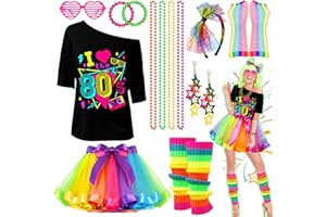 SEKEPINGO 11Pcs 80s Fancy Dress for Women, T-shirt, Tutu Skirt, Leg Warmers, Fishnet Gloves, Necklace, Glasses Frames, Earrings, Hair Ties Rings, 80's Costumes Accessories for Retro Theme Party Cosplay