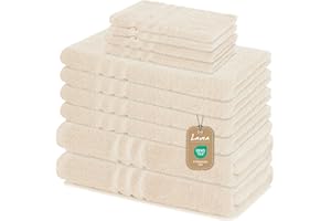Lavea® 10-teiliges Handtuchset Elena aus 100% Baumwolle - Creme, 4 x Handtuch, 2 x Duschtuch, 2 x Gästetuch, 2 x Waschhandschuh, Handtücher Set weich, saugstark & pflegeleicht – Oeko-TEX