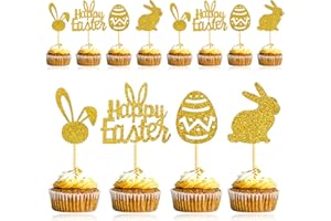 NOJGAC Easter Cupcake Toppers, 24 PCS Easter Cake Decorations, Gold Glitter Rabbit Happy Easter Cake Topper Easter Cake Decorations Kits for Easter Party Supplies