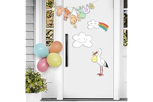 GLÜCKSGUT® Klapperstorch & Wolken, 30 cm | 6-teiliges Set | Geburtsstorch + 2 Wolken + Girlande + Ballons | Baby Türschild Wandmotiv personalisierbar | Storch Geburt Draußen Drinnen | Geburtsgeschenk
