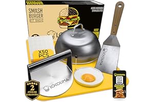 LOCOLIMA Smash Burger Kit Profesional de 5 Piezas, Prensa Hamburguesas (Smasher) de Acero Inoxidable con Certificado UE, Espátula, Campana para Fundir, Papel Smash Burger, Molde Aro Huevo, Recetario