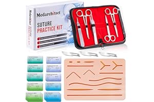 MEDARCHITECT Zestaw do szycia chirurgicznego Zestaw do ćwiczeń szwów (pakiet 30) zawiera wysokiej jakości podkładkę do szycia z 14 gotowymi ranami, narzędzia do szycia, nici do szycia i igłę