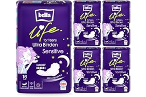 ‎BELLA bella life for Teens Ultra Binden Sensitive Nacht | dermatest: SEHR GUT | ultradünne Binden für Teenager im 5er Pack (5 x 16 Stück) | mit Flügeln und parfümfrei für erholsame Nächte ohne Sorgen