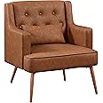 Yaheetech PU Leather Armchair, Upholstered Tub Chair with Lumbar Pillow with Wood Legs for Living Room Bedroom Lounge Study Brown