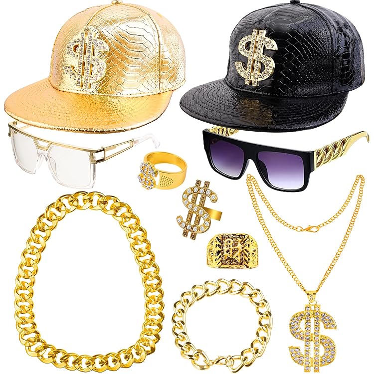 Déguisement Hip-Hop Années 80-90 : Chaîne En Or Faux, Lunettes & Bagues Pour Fêtes Et Concerts