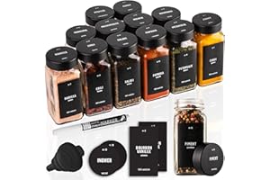 Deco Haus Juego 12 Tarros Especias con Tapa Rosca - Etiquetas, Embudo, Cepillo, Marcador - Va con Nuestros Estantes para Condimentos - Almacenamiento y Dispensador Vidrio Transparente 120ml 10.5x4.5cm