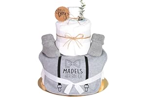 Trend Mama® Sprüche Windeltorte Junge Hosenträger - Mädels hier bin ich | 27 Windeln (Größe 2), Baby Lätzchen, Babysocken, Babygeschenk Geburt