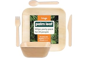 HAAGO 100-Piece Compostable Palm Leaf Plates, Bowls & Cutlery Set for 20 Guests - 22cm Square Eco Plates, 450ml Bowls & Wooden Utensils - Disposable & Biodegradable Dinnerware Party Set