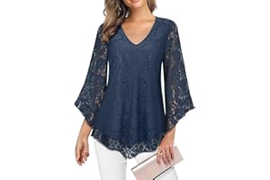 Gemulate Womens Blouse Ruffle 3/4 Sleeve Blouses for Women V Neck Chiffon Tunic Tops Double Layers Mesh Shirts