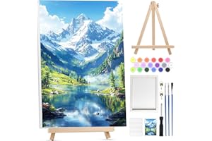 Bowetile Montagne Enneigée Peinture par Numéros pour Adultes Avec Cadre, Paysage Peinture Numero pour Adultes Débutants Kit Toile avec Chevalet en Bois, Peinture Acrylique pour Décoration 20x30cm