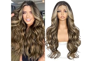 Sapphirewigs Brown 13x4 Synthetic Lace Front Wig Body Wave Dark Roots Brown Balayage Synthetic Lace Front Wigs Party Date Daily Wear Christmas Natural Looking 26 inch