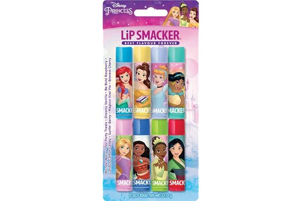 Lip Smacker Disney Princess Party Pack, Ensemble de 8 BaumesÀLèvres Assortis pour Enfants Inspirés par les Princesses Disney, Effet Naturel Transparent