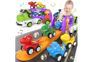 usrela 5 in 1 Dinosauri Camion Macchinine 1 2 3 Anni Ragazzi e Ragazze, Dinosauri Trasportatore Camion con Suoni e Luci, Gioco Regalo per Bambino 1 2 3 anni, Dinosaur Toy for Kids