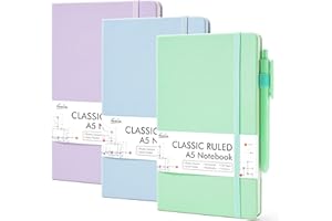 feela A5 Notebooks Multipack, 3 Pack Ruled Lined Notepads A5 (120 GSM), Hardback Journal Notebook with 3 Black Gel Pens, 128 Pages/Pack, 21 x 13cm, Pastel Colours, Lavender, Light Blue, Light Green