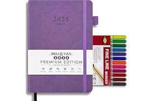 Agenda Giornaliera 2025, Diario di BELIAYAS con Passante per Penna, Chiusura Elastica, Copertina Rigida in Pelle PU, 12 Mesi, 12 Colori Fineliner (0.4mm), A5, Intervalli di 1h, 201 Pagine, Viola
