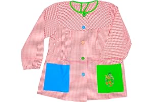 MAGIC SELECT Grembiule Scolastico per Bambini. Grembiule per Bambini a Quadretti con Bottoni, per l'Asilo e la Scuola. Grembiule con Tasca Ricamata per Bambini