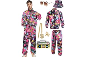Vercico 80s Fancy Dress Men 90s Fancy Dress Rapper Costume with Rapper Accessories, Shell Suit 80s Tracksuit Mens Outfits for 90s Parties, Music Festivals, Hip-hop Raves
