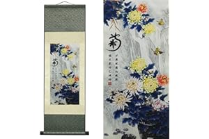 VALART Seidenmalerei Asiatisch Wand Dekoration 4 Gerechte Männer Blumen - Pflaume Orchidee Bambus Chrysantheme Chinesische Kunstwandrolle Hängende Bildrolle Orientalisches Dekor 92 x 30cm(Chrysantheme)