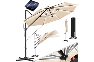 KESSER® Sonnenschirm Ampelschirm Sun Rund XL LED Solar Ø330 cm Inkl. Abdeckung + Windsicherung 7-Fach Verstellbar Neigbar Kippbar Groß 360° Drehbar Gartenschirm mit Kurbel Sonnenschutz UV50+ Beige
