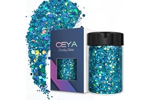 Ceya Holographic Chunky Glitter, 3.5oz/ 100g Sky Blue Craft Glitter Powder Mixed Chunky & Fine Flakes Iridescent Nail Sequins for Nail Art, Hair, Epoxy Resin, Tumblers, Slime, Painting, Festival Decor