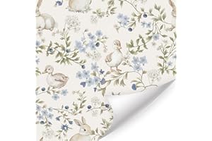 CHDITB Bunny Duck Flower Wallpaper Peel and Stick,Boho Rabbit Floral Wallpaper Self Adhesive(44x300cm) Kids Bedroom Wall Paper,Botanical Wildflower Plant Leaf Wall Mural for Living Room
