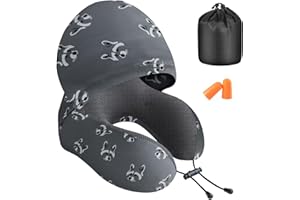 ‎JIANCRATE Jiancrate Nackenkissen Flugzeug, Reisekissen Memory Foam, Ergonomisch Gestaltetes Nackenhörnchen mit Kapuze für Flugzeug, Auto, Zug, Büro, Nackenkissen Reise zum Schlafen mit Ohrstöpsel, Tasche