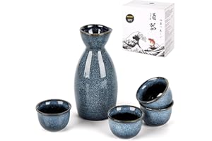 DUJUST Set de saké japonais (5 pièces), Set de saké en porcelaine à émail transformé au four, 1 bouteille, 4 tasses et 1 boîte-cadeau, Carafe chaude, Set de cadeau japonais spécial - bleu