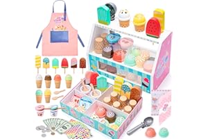 WIKITOT Ice Cream Toys for Kids, 51 Pieces Wooden Ice Cream Cart Role Play Toys for 3 to 7 Year Old Girls Boys Bithday Gifts