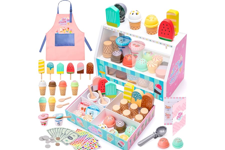 WIKITOT Ice Cream Toys for Kids, 51 Pieces Wooden Ice Cream Cart Role Play Toys for 3 to 7 Year Old Girls Boys Bithday Gifts