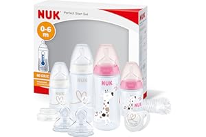 NUK Perfect Start First Choice+ set biberon | 0-6 mesi | 4 bottiglie con controllo della temperatura, succhietto, spazzola per biberon | Senza BPA | Giraffa (rosa) | 10 pezzi