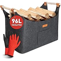 Borsa Portalegna In Feltro 60L - Cestino Per Camino, Grigio Scuro, Portata 45 Kg, Con Tasca E Manico In Legno - Foto 7