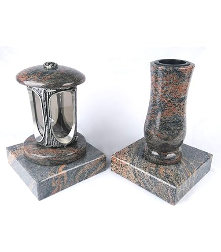 Designgrab Grablampe Aus Aluminium & Granit – Mit Kreuz, 22 Cm Hoch, Sockel 20x20x5 Cm, Witterungsbeständig