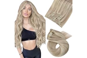 Moresoo Ash Blonde Clip in Hair Extensions Blonde Human Hair Extensions Clip in Ash Blonde with Platinum Blonde Clip in Human Hair Extensions 18 Inch 7 Pieces/120g #P18/613
