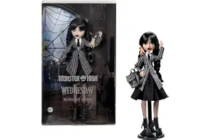 Monster High x Wednesday Addams Muñeca | Muñeca de coleccionista Wednesday con uniforme negro de Nevermore, Dedos, accesorios y soporte, HXJ04