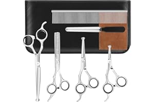 DAMIII Zestaw nożyczek dla psów, nożyczki do sierści, wytrzymała stal nierdzewna, bezpieczne okrągłe wskazówki, w zestawie nożyczki do cieniowania, zakrzywione nożyczki, nożyczki proste, nożyczki do zębów, grzebień do pielęgnacji sierści i pilnik do paznokci