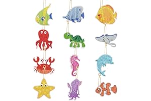 LUVDECO 12 Pcs DIY Diamond Keychains Sea Animal Diamond Art Painting Keyrings Pendants 5D Diamond Mosaic Painting Key Rings Keychain Kits Crafts Boy Girls Bag Charms Birthday Gift